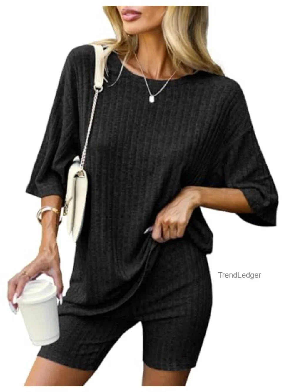 Ribbed Knit Lounge Set - T-Shirt & Biker Shorts Pajama Set
